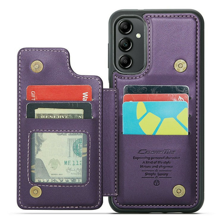 CASEME C22 Series For Samsung Galaxy A14 5G / 4G RFID Blocking Card Holder Kickstand Case Leather Coated TPU Cover - Purple