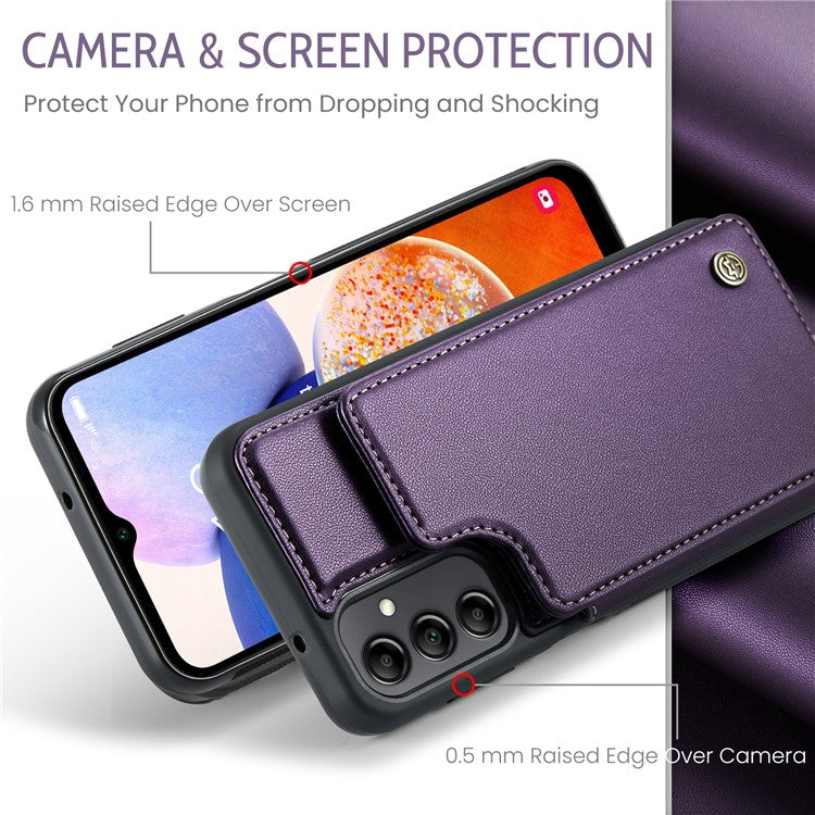 CASEME C22 Series For Samsung Galaxy A14 5G / 4G RFID Blocking Card Holder Kickstand Case Leather Coated TPU Cover - Purple