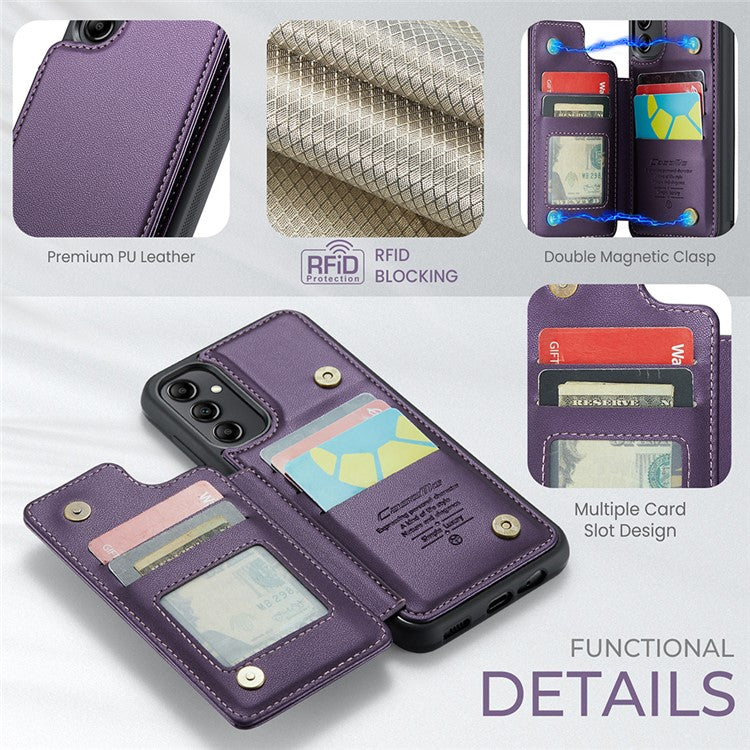 CASEME C22 Series For Samsung Galaxy A14 5G / 4G RFID Blocking Card Holder Kickstand Case Leather Coated TPU Cover - Purple