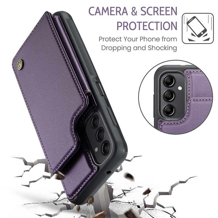 CASEME C22 Series For Samsung Galaxy A14 5G / 4G RFID Blocking Card Holder Kickstand Case Leather Coated TPU Cover - Purple