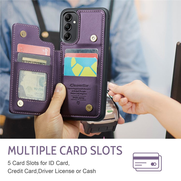 CASEME C22 Series For Samsung Galaxy A14 5G / 4G RFID Blocking Card Holder Kickstand Case Leather Coated TPU Cover - Purple