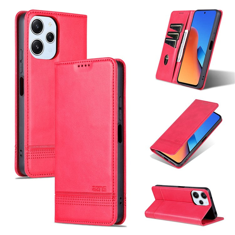 AZNS For Xiaomi Redmi 12 4G Supporting Stand Phone Cover  PU Leather Flip Wallet Case Magnetic Phone Shell - Red