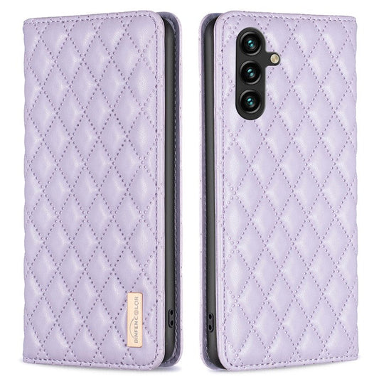 BINFEN COLOR For Samsung Galaxy A15 4G Case BF Style-16 Card Holder Leather Phone Cover - Purple