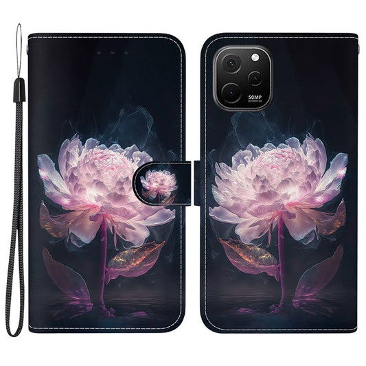 For Huawei nova Y61 4G Case Wallet Function Pattern Printing Phone Cover - Purple Peony