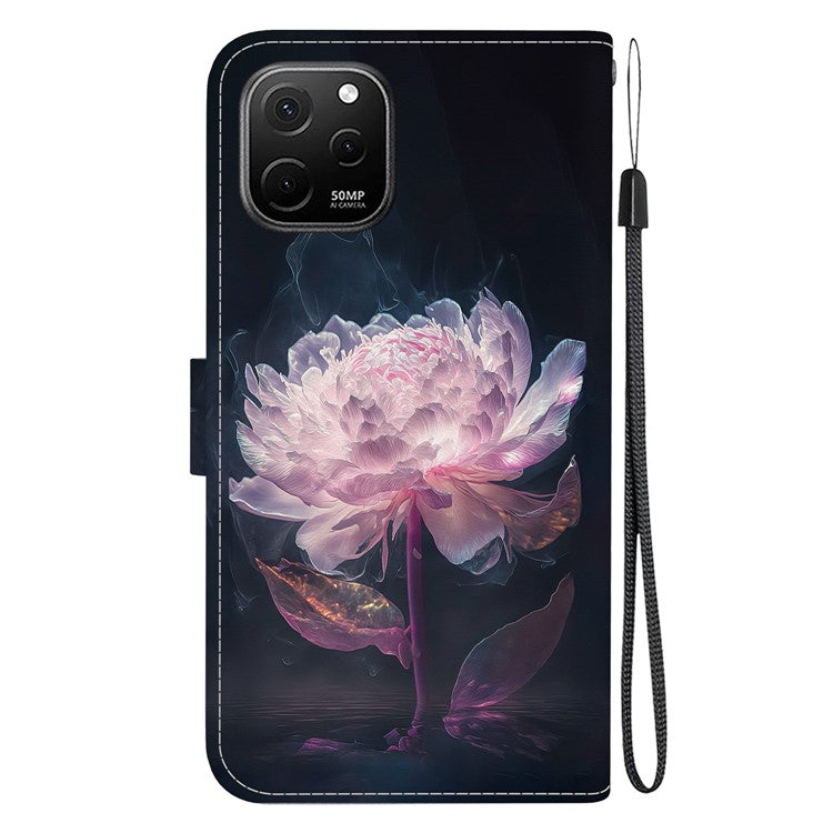 For Huawei nova Y61 4G Case Wallet Function Pattern Printing Phone Cover - Purple Peony