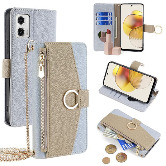 For Motorola Moto G73 5G Case Zipper Pocket Leather Phone Wallet Stand with Shoulder Strap - Blue