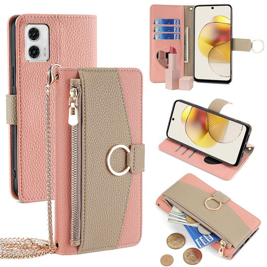 For Motorola Moto G73 5G Case Zipper Pocket Leather Phone Wallet Stand with Shoulder Strap - Pink
