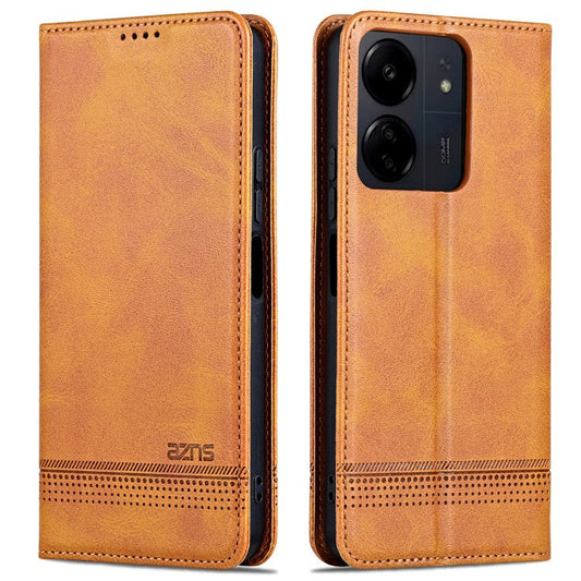 AZNS For Xiaomi 13C 4G / 13C 5G / Poco C65 4G / Poco M6 5G / 13R 5G Leather Case Wallet Magnetic Phone Cover - Brown