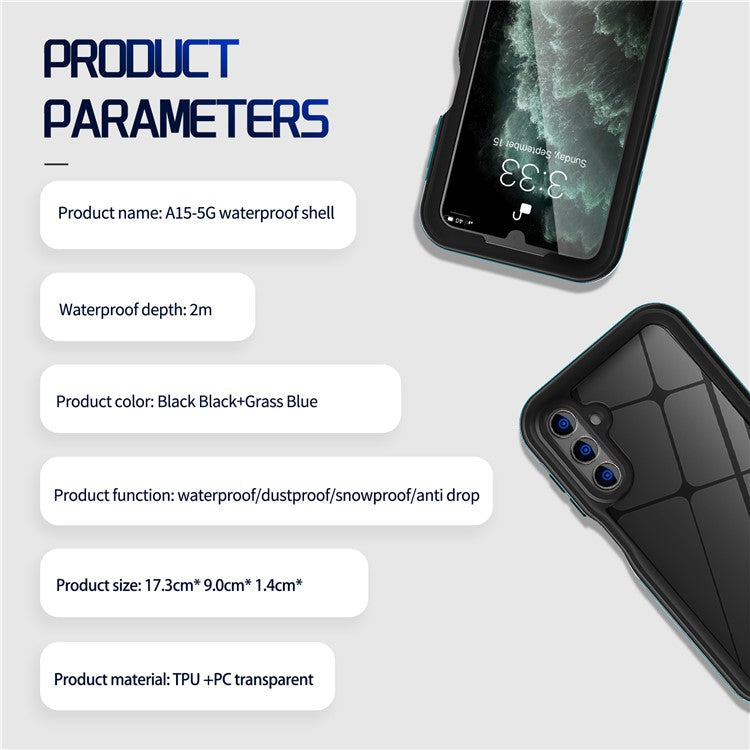 REDPEPPER A Series For Samsung Galaxy A15 5G Case Waterproof Built-in Screen Protector IP68 Underwater - Black+Grass Blue