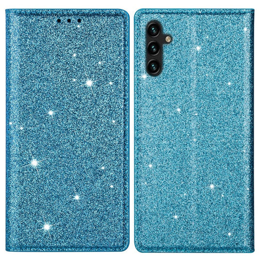 For Samsung Galaxy A55 5G Cell Phone Case Glitter PU Leather Stand Card Slots Cover - Blue