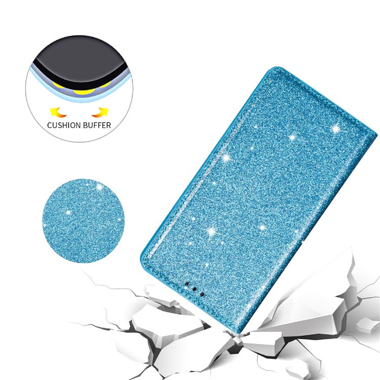 For Samsung Galaxy A55 5G Cell Phone Case Glitter PU Leather Stand Card Slots Cover - Blue