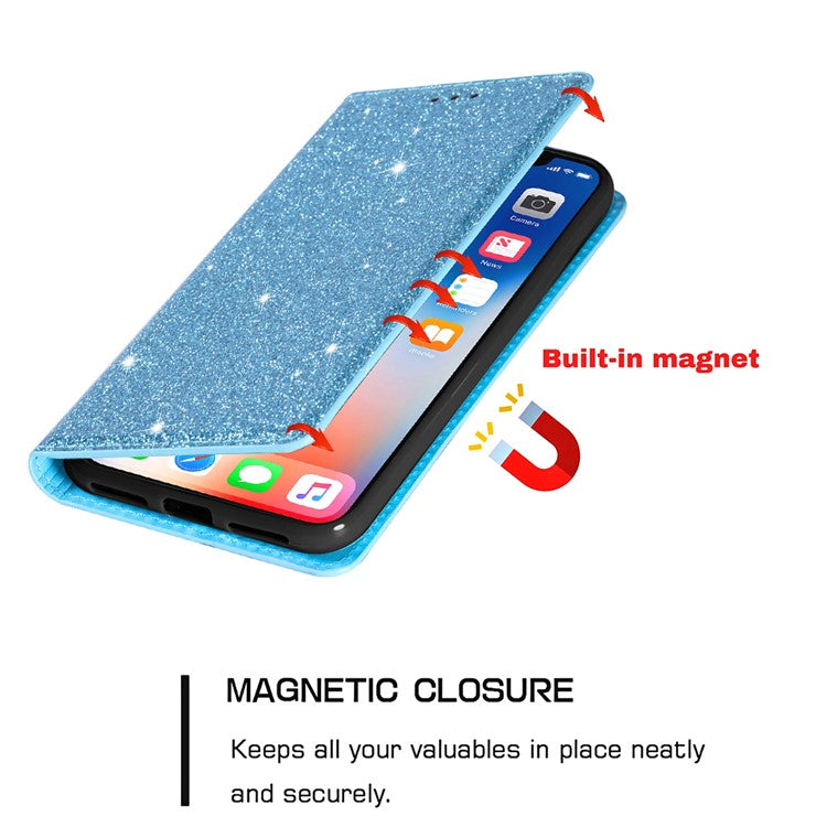 For Samsung Galaxy A55 5G Cell Phone Case Glitter PU Leather Stand Card Slots Cover - Blue