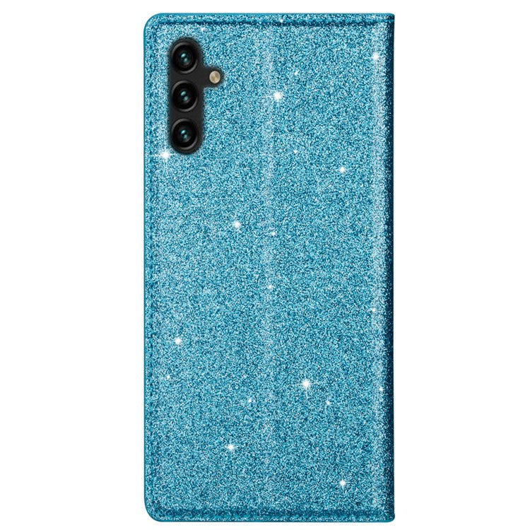 For Samsung Galaxy A55 5G Cell Phone Case Glitter PU Leather Stand Card Slots Cover - Blue