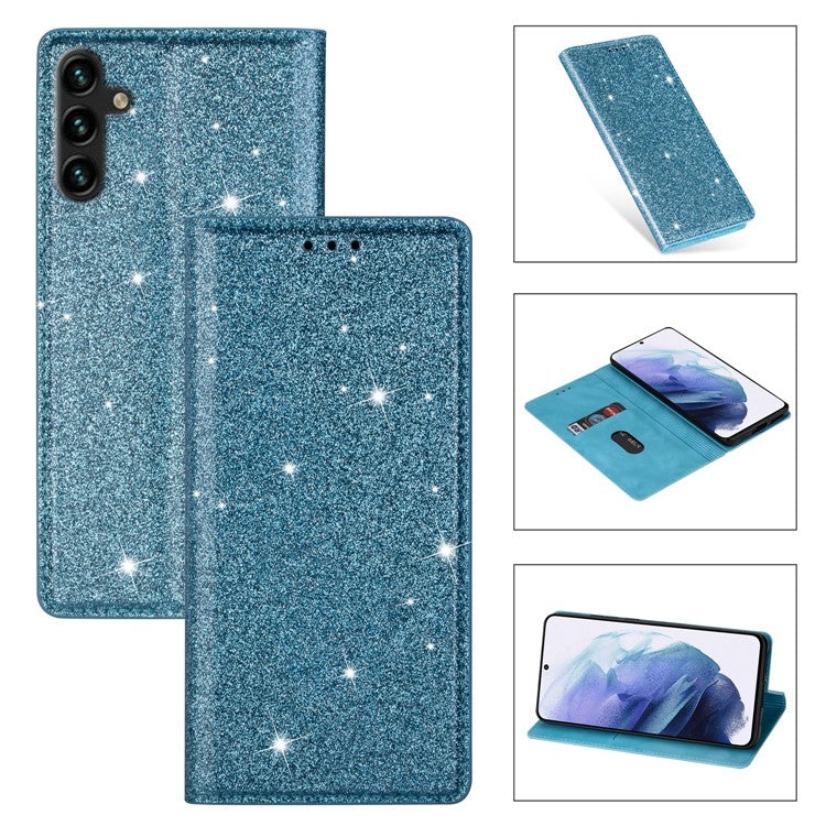 For Samsung Galaxy A55 5G Cell Phone Case Glitter PU Leather Stand Card Slots Cover - Blue
