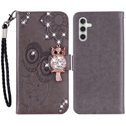 For Samsung Galaxy A55 5G Leather Case Rhinestone Wallet Phone Cover with Stand - Grey