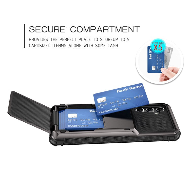 For Samsung Galaxy A15 4G / 5G Case PC+TPU Dual Layer Shockproof Cover with Card Holder - Black