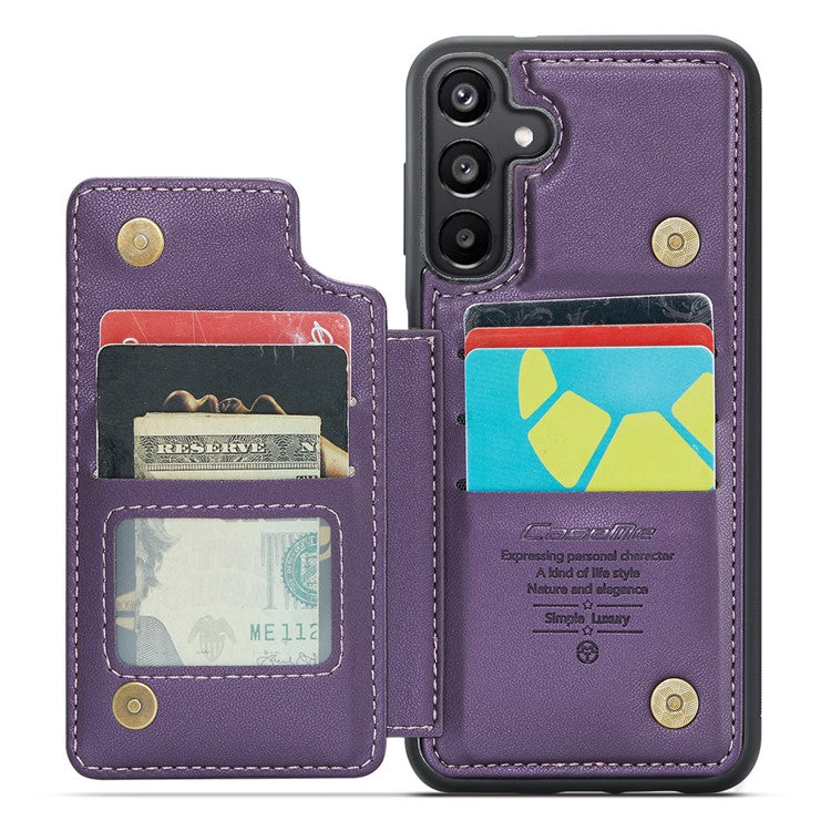 CASEME C22 Series For Samsung Galaxy A15 4G / 5G Case Leather RFID Blocking 5 Card Slots Kickstand Back Cover - Purple
