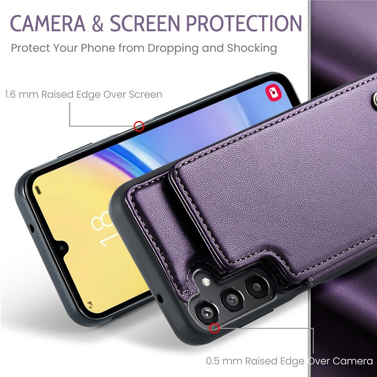 CASEME C22 Series For Samsung Galaxy A15 4G / 5G Case Leather RFID Blocking 5 Card Slots Kickstand Back Cover - Purple
