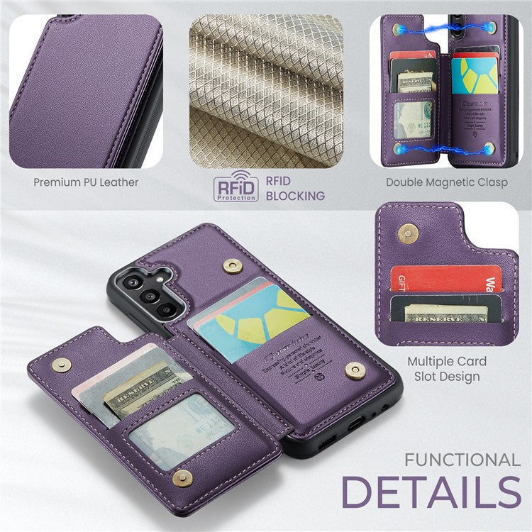 CASEME C22 Series For Samsung Galaxy A15 4G / 5G Case Leather RFID Blocking 5 Card Slots Kickstand Back Cover - Purple