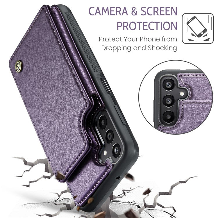 CASEME C22 Series For Samsung Galaxy A15 4G / 5G Case Leather RFID Blocking 5 Card Slots Kickstand Back Cover - Purple
