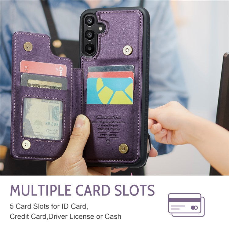 CASEME C22 Series For Samsung Galaxy A15 4G / 5G Case Leather RFID Blocking 5 Card Slots Kickstand Back Cover - Purple