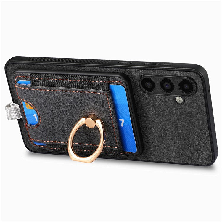 D7 For Samsung Galaxy A35 5G Kickstand Case Detachable Card Holder Retro Phone Cover - Black