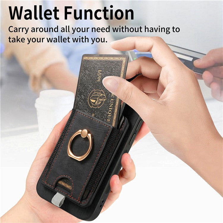 D7 For Samsung Galaxy A35 5G Kickstand Case Detachable Card Holder Retro Phone Cover - Black