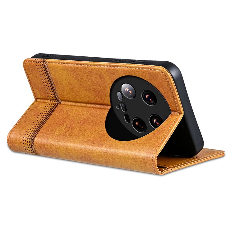 AZNS For Xiaomi 14 Ultra Leather Case Cowhide Texture Stand Wallet Phone Cover - Brown