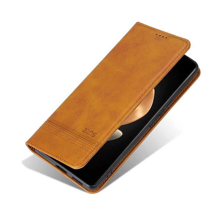 AZNS For Xiaomi 14 Ultra Leather Case Cowhide Texture Stand Wallet Phone Cover - Brown