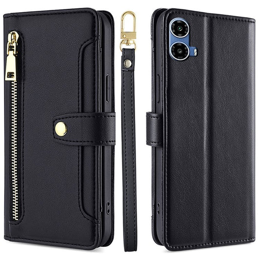 For Motorola Moto G45 5G / G34 5G Leather Case with Shoulder Strap Zipper Wallet Phone Cover - Black