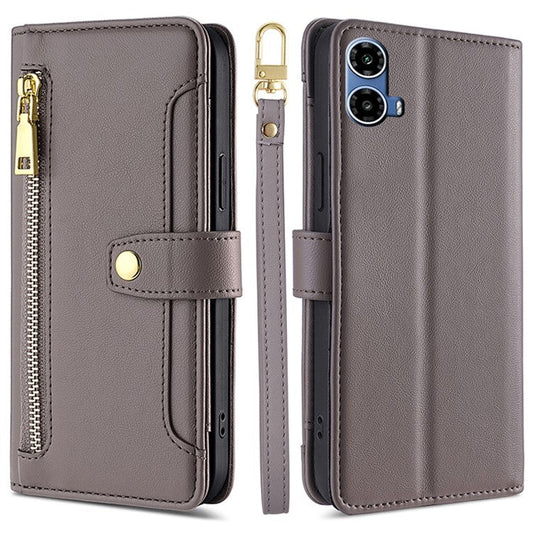 For Motorola Moto G45 5G / G34 5G Leather Case with Shoulder Strap Zipper Wallet Phone Cover - Grey