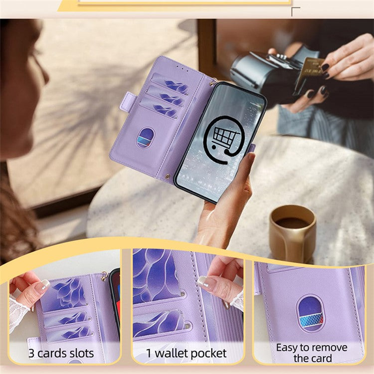 For Samsung Galaxy M54 5G Phone Case RFID Blocking Wallet Cover with Wrist Strap - Purple