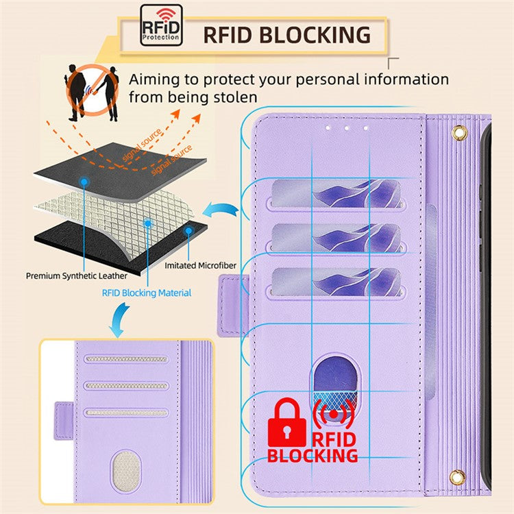For Samsung Galaxy M54 5G Phone Case RFID Blocking Wallet Cover with Wrist Strap - Purple