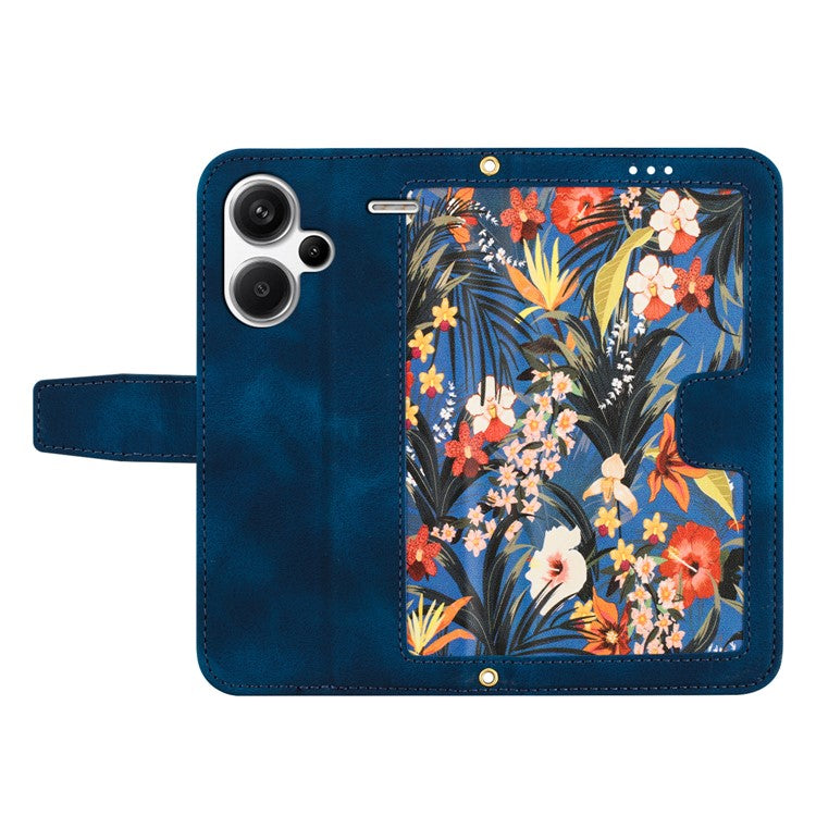 For Xiaomi Redmi Note 13 Pro+ 5G Case PU Leather Flower Pattern Wallet Style Flip Phone Cover - Dark Blue