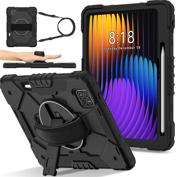 For Xiaomi Pad 7 Pro  /  Pad 7 Case Silicone + PC Kickstand Tablet Cover with Handy Strap - Black  /  Black