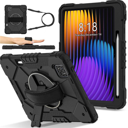 For Xiaomi Pad 7 Pro  /  Pad 7 Case Silicone + PC Kickstand Tablet Cover with Handy Strap - Black  /  Black