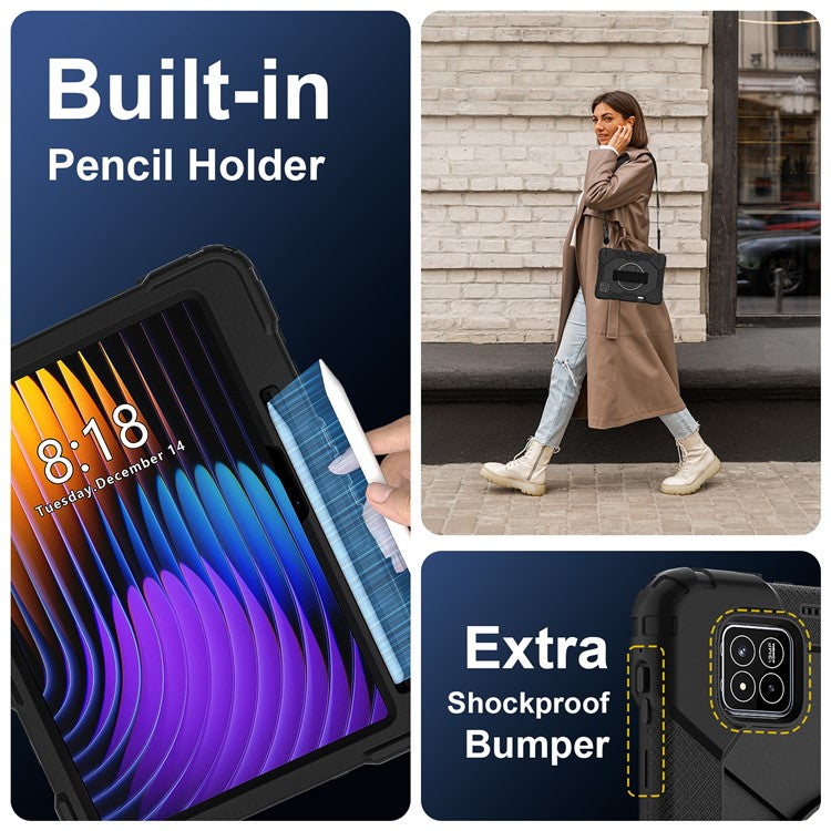 For Xiaomi Pad 7 Pro  /  Pad 7 Case Silicone + PC Kickstand Tablet Cover with Handy Strap - Black  /  Black