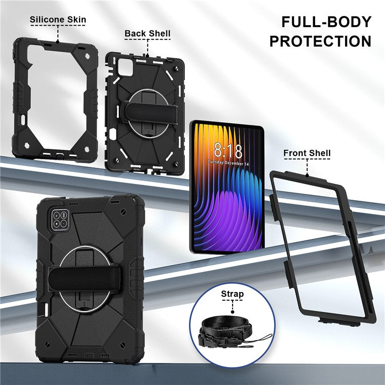 For Xiaomi Pad 7 Pro  /  Pad 7 Case Silicone + PC Kickstand Tablet Cover with Handy Strap - Black  /  Black