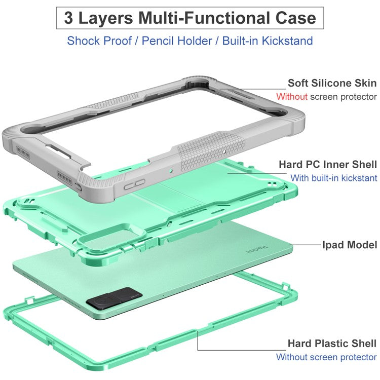 For Xiaomi Redmi Pad Kickstand Cover Silicone + PC Shock-Resistant Tablet Case - Grey+Mint Green