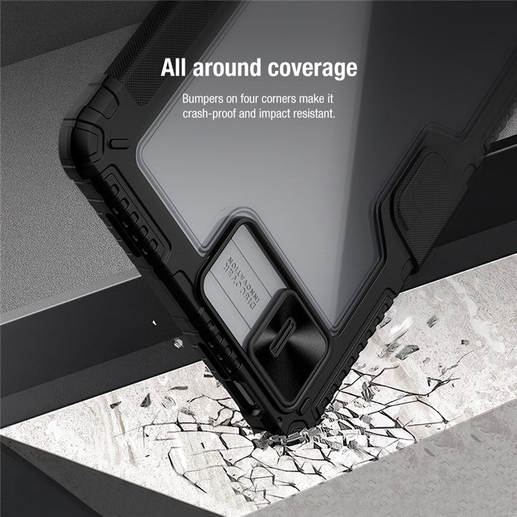 NILLKIN Bumper Leather Case Pro for Xiaomi Pad 6 / Pad 6 Pro Slide Camera Cover PU Leather Trifold Stand Tablet Case with Auto Wake / Sleep - Blue