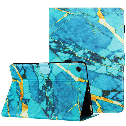 For Samsung Galaxy Tab A9+ Pattern Case PU Leather Stand Folio Smart Cover - Gold+Blue Marble