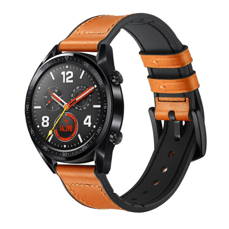 PRAGUS For 22mm Genuine Leather Coated Silicone 22mm Watch Strap for Huawei Watch GT 2/1  / Honor Magic - Light Brown