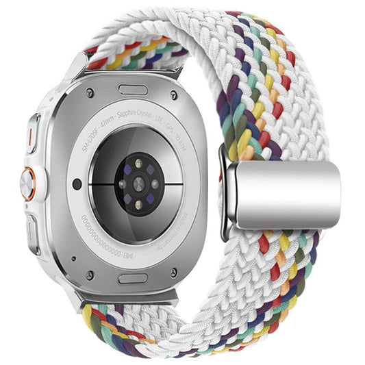 PRAGUS For Samsung Galaxy Watch Ultra 47mm Braided Watch Band Magnetic Wrist Strap - White Rainbow+Silver Buckle