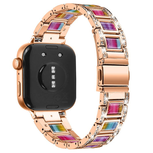PRAGUS For Huawei Watch Fit 3 Metal Alloy Watch Band Rhinestones Resin Wristband Bracelet - Rose Gold+Rainbow