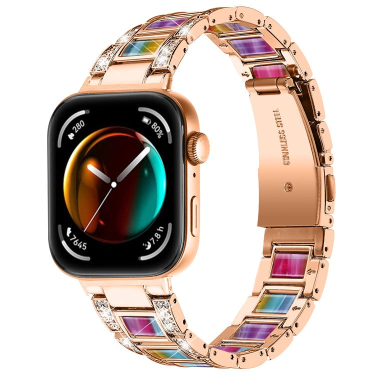 PRAGUS For Huawei Watch Fit 3 Metal Alloy Watch Band Rhinestones Resin Wristband Bracelet - Rose Gold+Rainbow