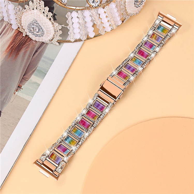 PRAGUS For Huawei Watch Fit 3 Metal Alloy Watch Band Rhinestones Resin Wristband Bracelet - Rose Gold+Rainbow