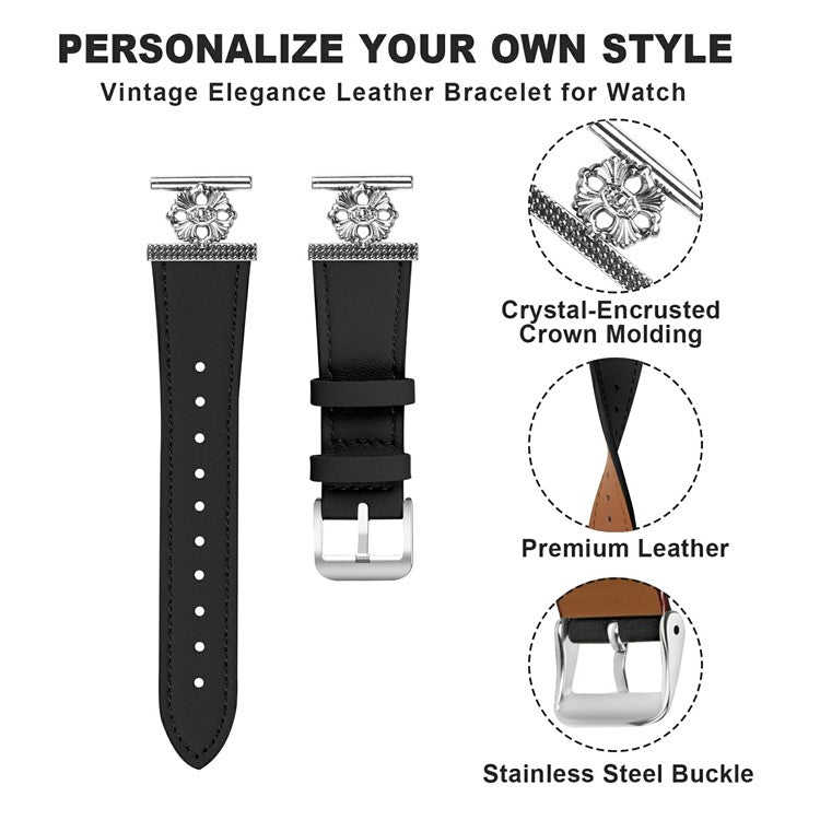 PRAGUS For Gabb Watch 1 Watch Band Genuine Cow Leather Flower Decor Adjustable Strap - Black