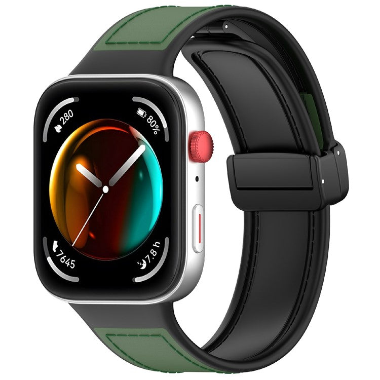 PRAGUS For Huawei Watch Fit 3 Watch Band Magnetic Buckle Leather Coated Silicone Strap with Metal Connector - Green