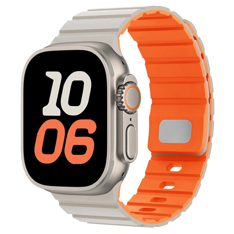 PRAGUS For Apple Watch Series 10 Ultra 9 8 7 SE 6 5 4 3 2 1 46mm 49mm 45mm 44mm 42mm Magnetic Silicone Band Quick Release Strap - Starlight / Orange