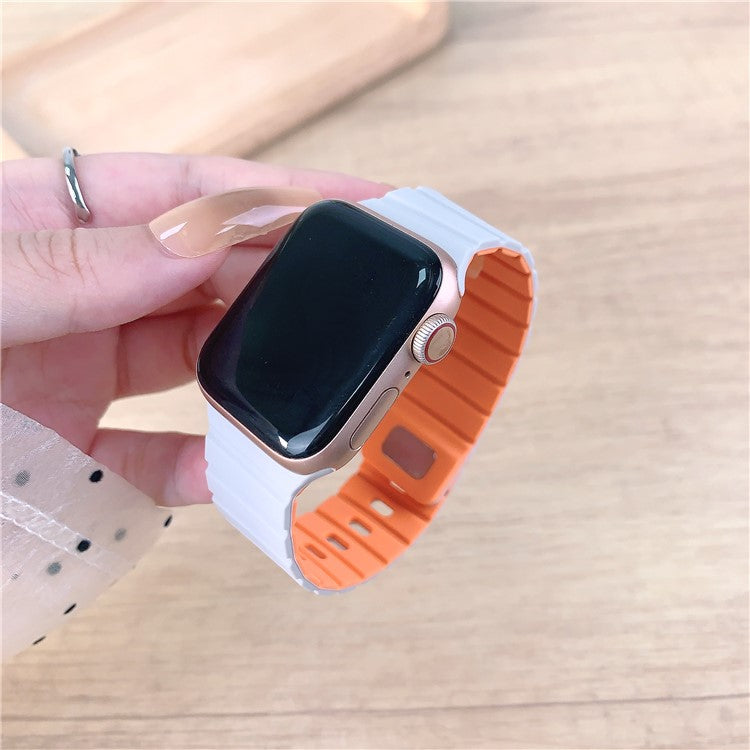 PRAGUS For Apple Watch Series 10 Ultra 9 8 7 SE 6 5 4 3 2 1 46mm 49mm 45mm 44mm 42mm Magnetic Silicone Band Quick Release Strap - Starlight / Orange